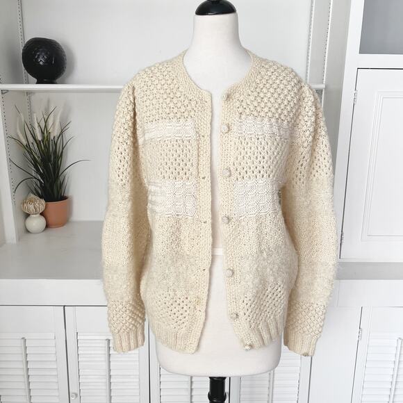Vintage Sweaters - Vintage Handknit Cream Textured Puff Sleeve Cardigan Sweater Size S/M